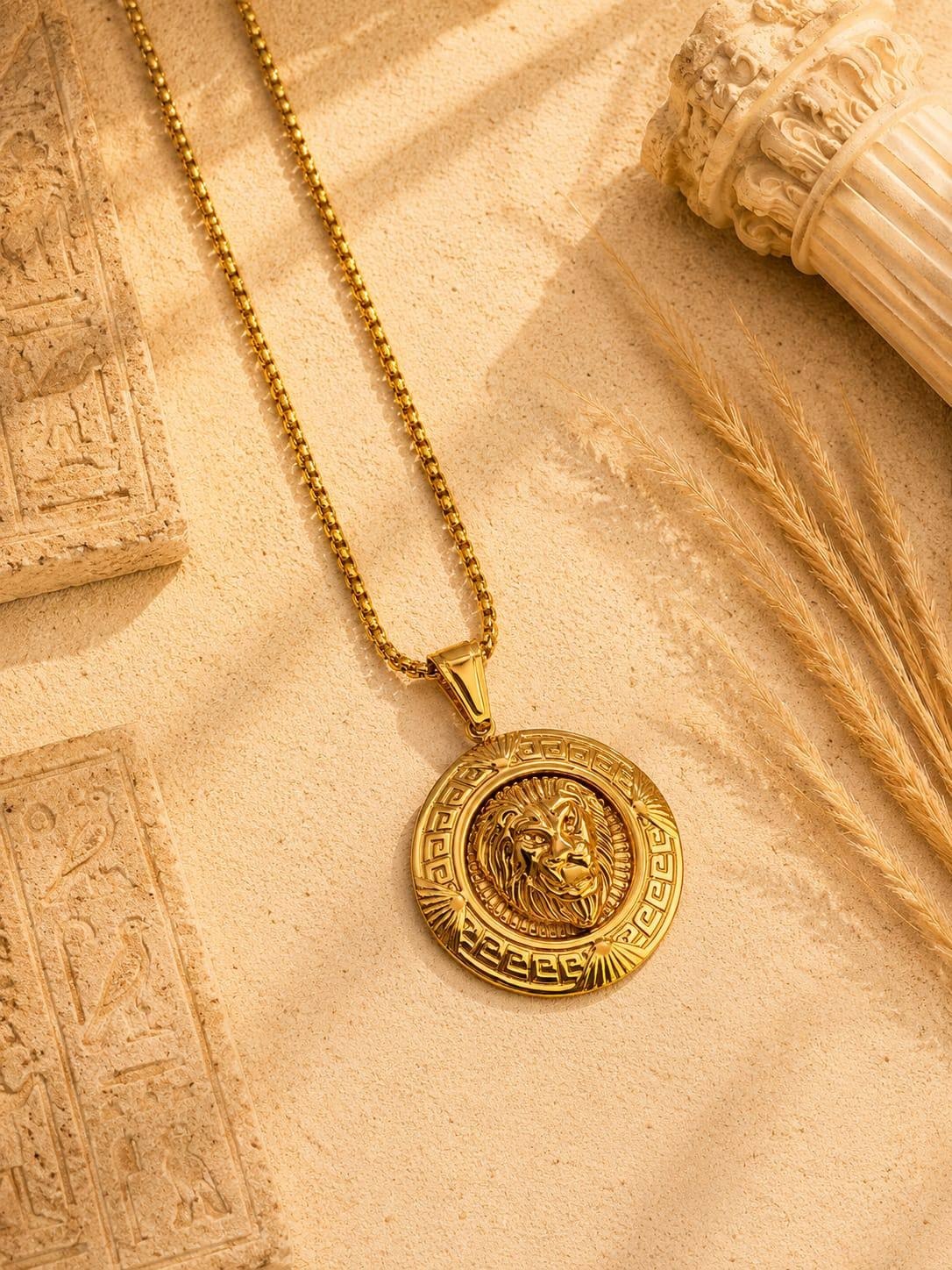 Round lion gold plated necklace