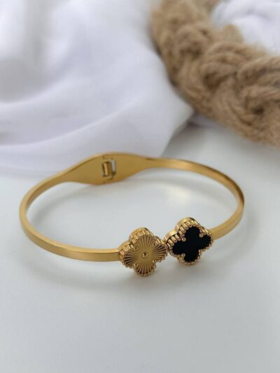 Gold & black clover Gold plated bangle