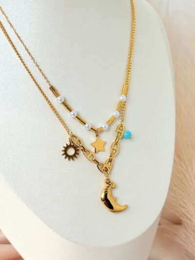 Layered star moon Gold Plated Necklace